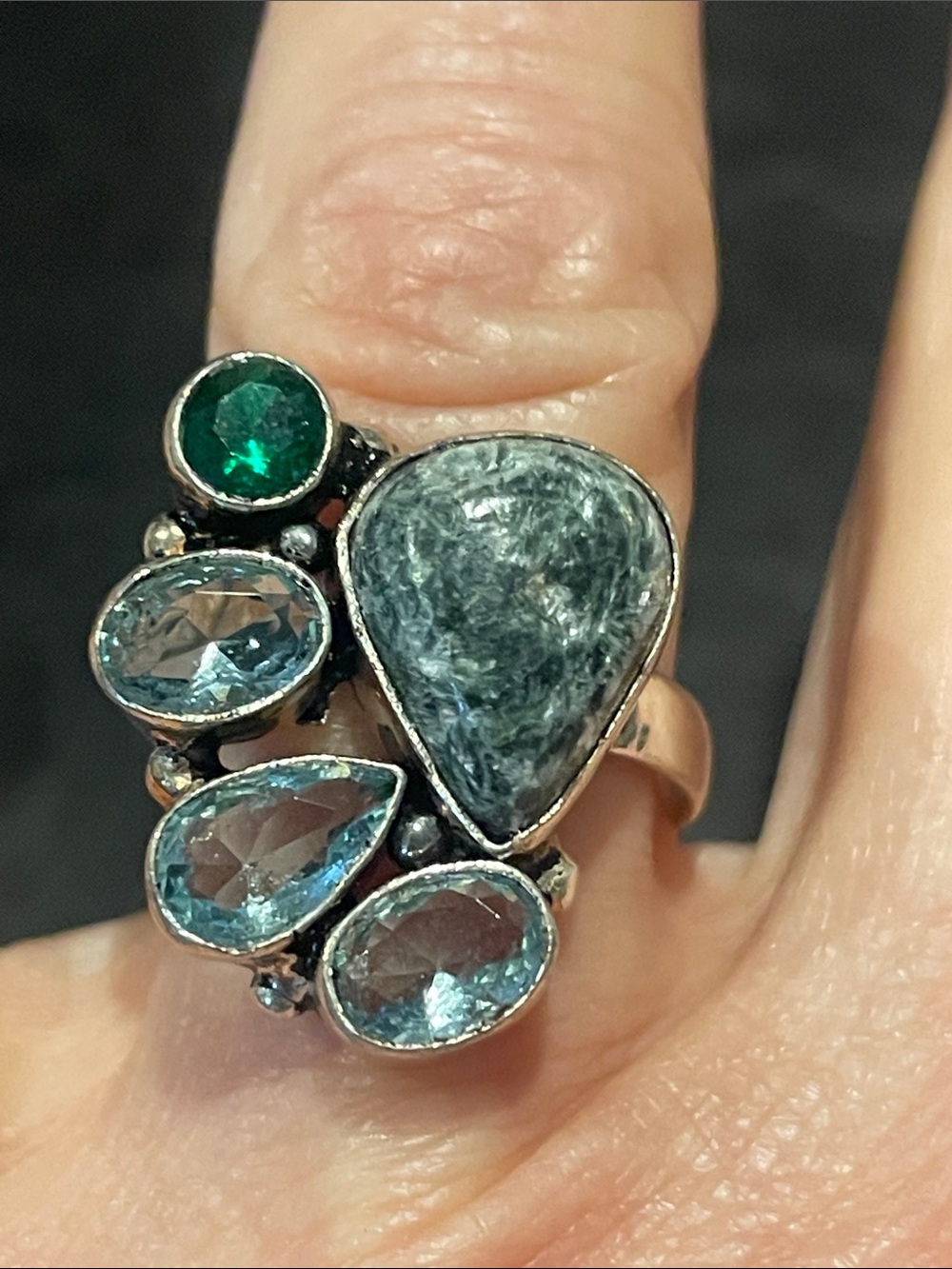 Vintage 925 Silver Agate, Aquamarine and Green Glass Ring size 7.25